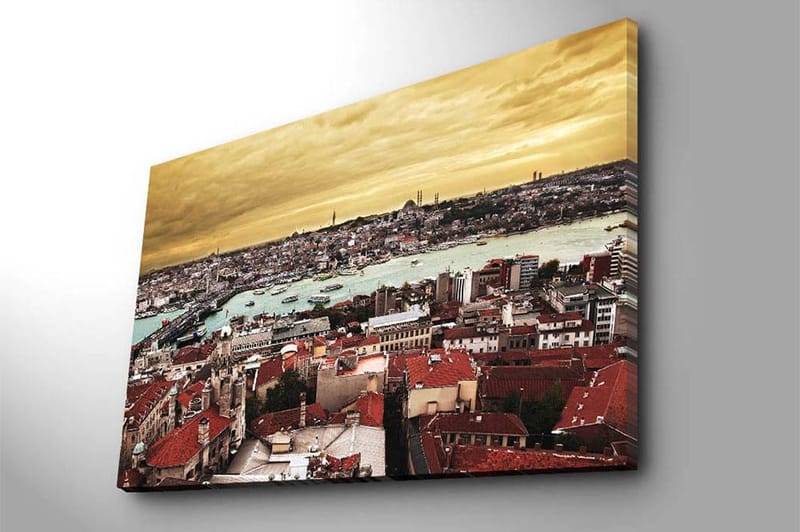 Canvastavla 70x100 cm - Panoramavy över Istanbul med tak av tegel och en glittrande vattenyta - Röd / Turkos / Guld - Inredning & dekor - Tavlor & konst - Canvastavla