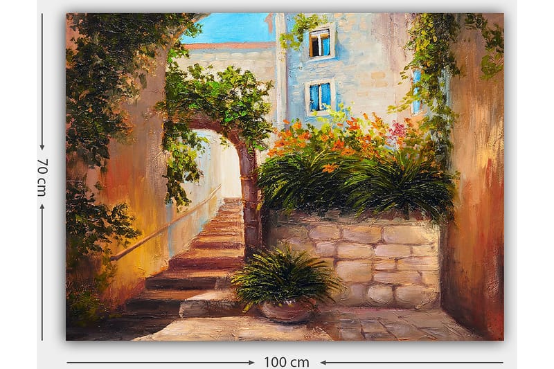 Canvastavla 70x100 cm - Pittoresk gränd med trappor omgiven av grönska och blommor - Grön / Beige / Orange - Inredning & dekor - Tavlor & konst - Canvastavla