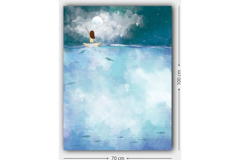 Canvastavla 70x100 cm - Person sitter i en båt under en stjärnklar natt med en stor måne ovanför - Mörkblå / Ljusblå / Vit - Inredning & dekor - Tavlor & konst - Canvastavla