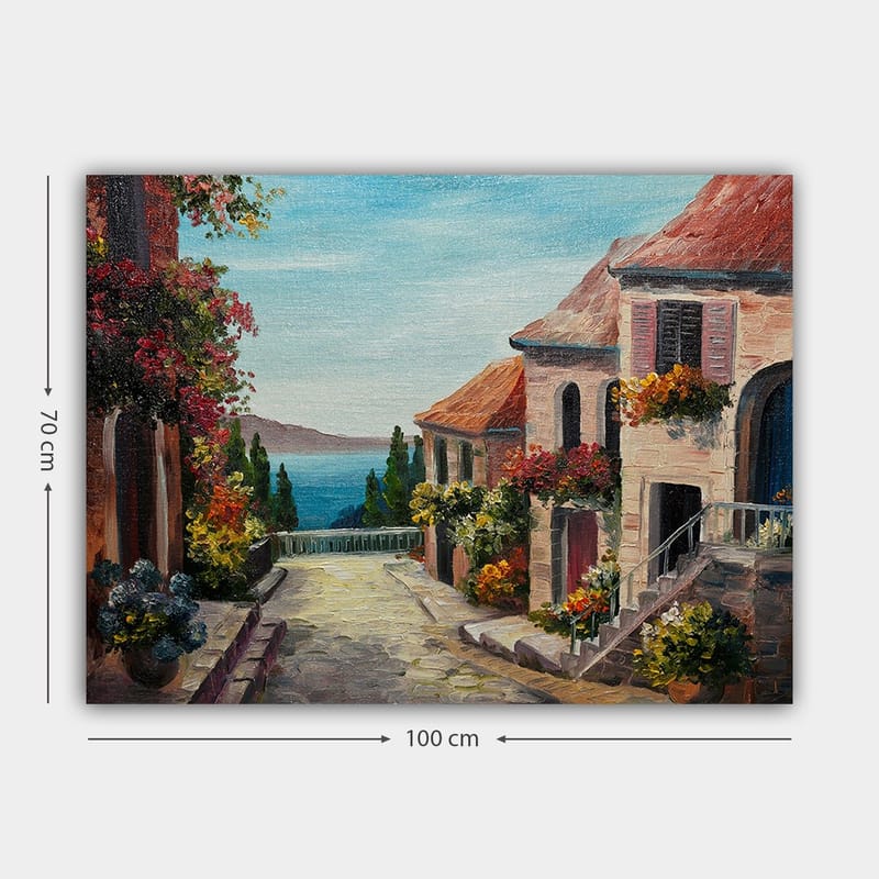 Canvastavla 70x100 cm - Pittoresk gata med blommor och hus vid havet - Blå / Terrakotta / Grön - Inredning & dekor - Tavlor & konst - Canvastavla