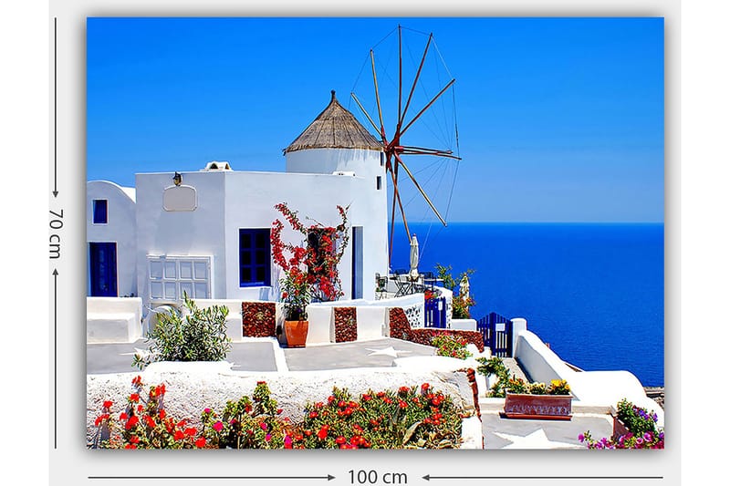 Canvastavla 70x100 cm - Pittoresk vy av en vitkalkad byggnad med en traditionell vindmölla och färgglada blommor i Santorini - Vit / Blå / Röd - Inredning & dekor - Tavlor & konst - Canvastavla