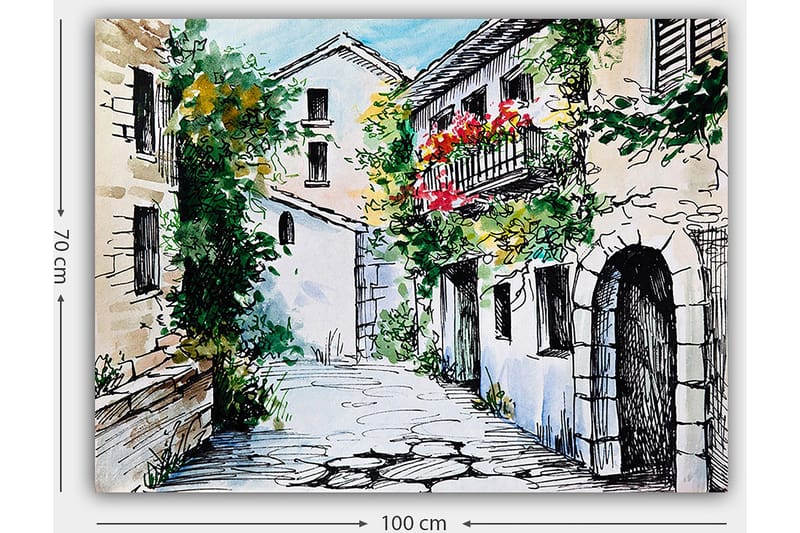 Canvastavla 70x100 cm - Pittoresk gränd med charmiga hus och blommande balkonger - Grön / Beige / Röd - Inredning & dekor - Tavlor & konst - Canvastavla