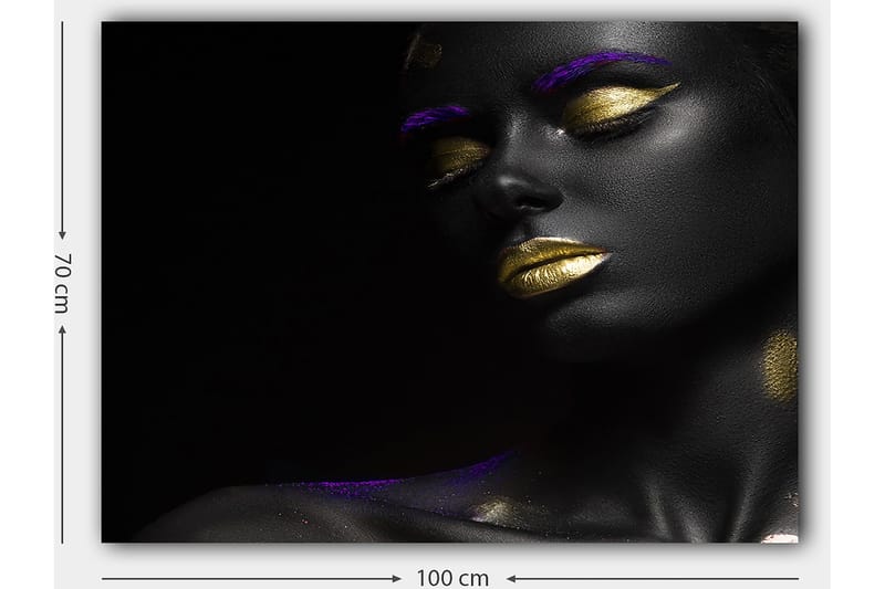 Canvastavla 70x100 cm - Porträtt av en kvinna med svart hud och guldiga läppar, accentuerat med lila detaljer - Svart / Guld / Lila - Inredning & dekor - Tavlor & konst - Canvastavla