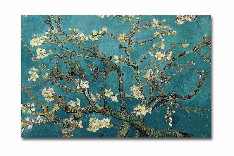Canvastavla 70x45 cm - Blommande kvistar mot en turkos bakgrund, Turkos / Vit / Mörkgrön