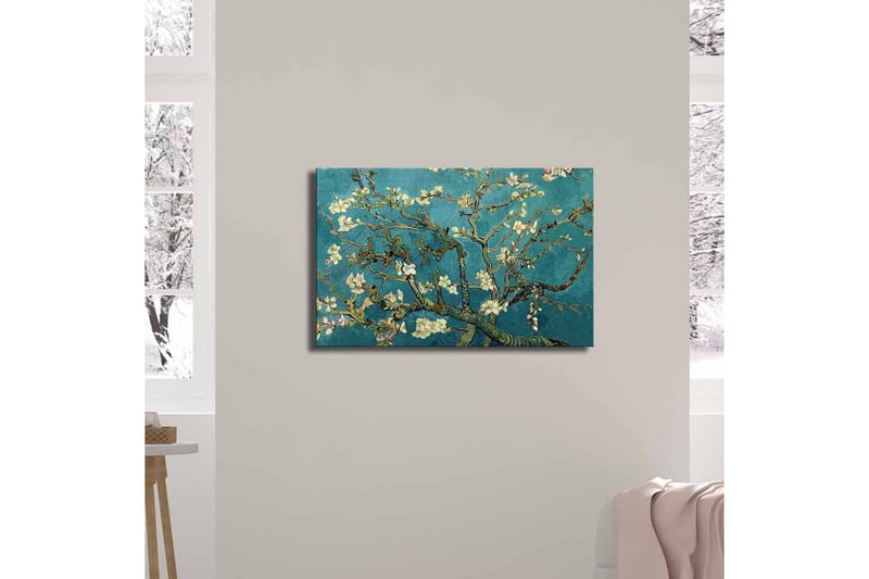 Canvastavla 70x45 cm - Blommande kvistar mot en turkos bakgrund - Turkos / Vit / Mörkgrön - Inredning & dekor - Tavlor & konst - Canvastavla