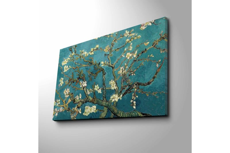 Canvastavla 70x45 cm - Blommande kvistar mot en turkos bakgrund - Turkos / Vit / Mörkgrön - Inredning & dekor - Tavlor & konst - Canvastavla