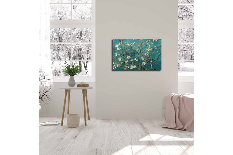 Canvastavla 70x45 cm - Blommande kvistar mot en turkos bakgrund - Turkos / Vit / Mörkgrön - Inredning & dekor - Tavlor & konst - Canvastavla