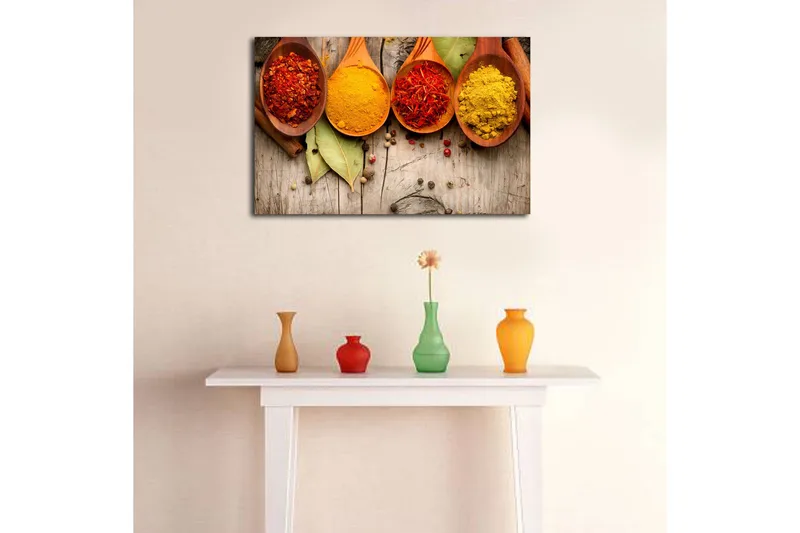 Canvastavla 70x45 cm - Färgglada kryddor i träskedar - Röd / Gul / Orange - Inredning & dekor - Tavlor & konst - Canvastavla