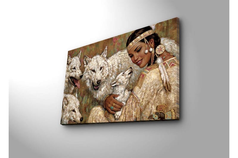 Canvastavla 70x45 cm - Kvinna i traditionell klädsel omgiven av vargar - Vit / Beige / Grön - Inredning & dekor - Tavlor & konst - Canvastavla