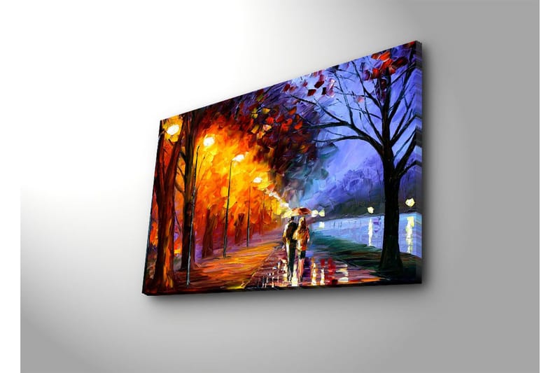 Canvastavla 70x45 cm - Romantisk promenad under regn med paraplyer i en färgglad höstmiljö - Orange / Blå / Gul - Inredning & dekor - Tavlor & konst - Canvastavla