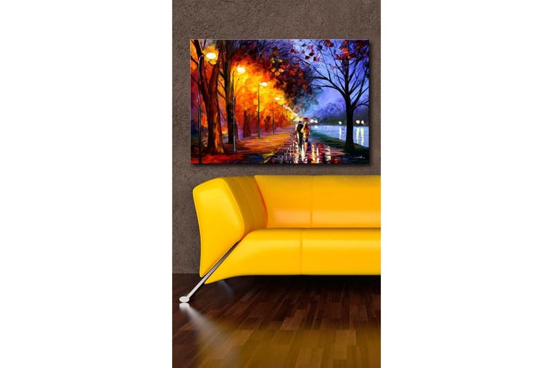 Canvastavla 70x45 cm - Romantisk promenad under regn med paraplyer i en färgglad höstmiljö - Orange / Blå / Gul - Inredning & dekor - Tavlor & konst - Canvastavla