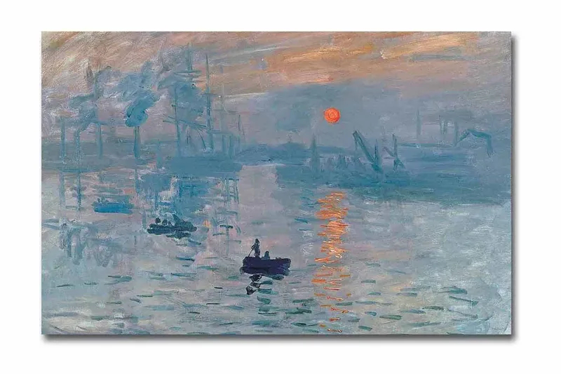 Canvastavla 70x45 cm - Stämningsfull havsutsikt med en båt och solnedgång, Blå / Orange / Grå
