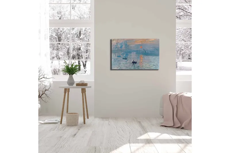 Canvastavla 70x45 cm - Stämningsfull havsutsikt med en båt och solnedgång - Blå / Orange / Grå - Inredning & dekor - Tavlor & konst - Canvastavla