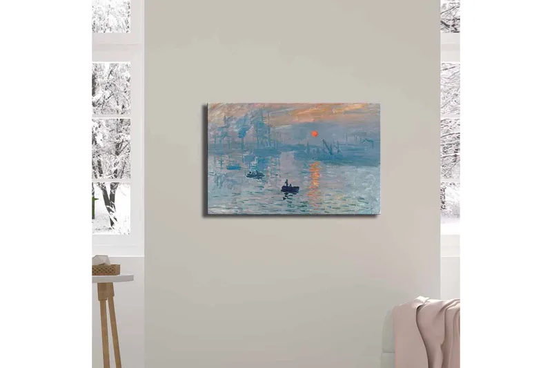 Canvastavla 70x45 cm - Stämningsfull havsutsikt med en båt och solnedgång - Blå / Orange / Grå - Inredning & dekor - Tavlor & konst - Canvastavla