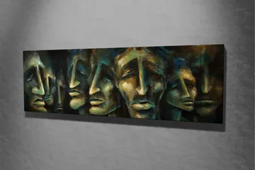 Canvastavla 80x30 cm - Abstrakt komposition av ansikten med uttrycksfulla drag - Mörkblå / Grön / Beige - Inredning & dekor - Tavlor & konst - Canvastavla