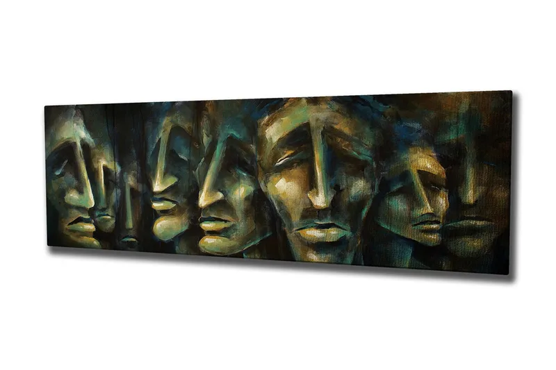 Canvastavla 80x30 cm - Abstrakt komposition av ansikten med uttrycksfulla drag, Mörkblå / Grön / Beige