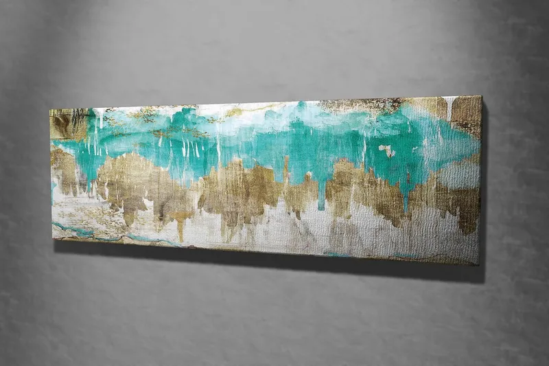 Canvastavla 80x30 cm - Abstrakt landskap med turkosa och gyllene inslag - Turkos / Guld / Beige - Inredning & dekor - Tavlor & konst - Canvastavla