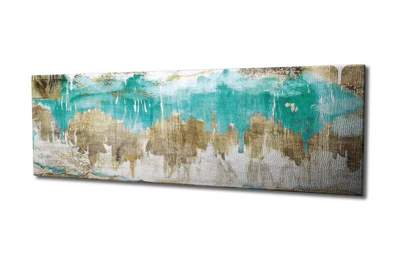 Canvastavla 80x30 cm - Abstrakt landskap med turkosa och gyllene inslag - Turkos / Guld / Beige - Inredning & dekor - Tavlor & konst - Canvastavla