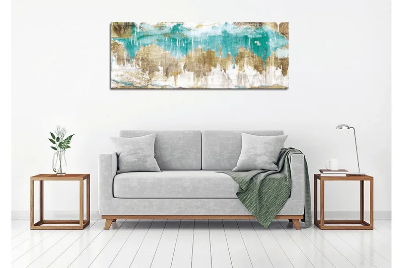 Canvastavla 80x30 cm - Abstrakt landskap med turkosa och gyllene inslag - Turkos / Guld / Beige - Inredning & dekor - Tavlor & konst - Canvastavla