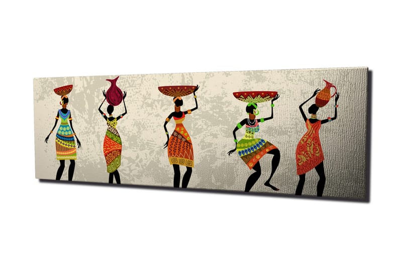 Canvastavla 80x30 cm - Fem kvinnor i färgglada klänningar som bär olika föremål på huvudet, Röd / Grön / Orange