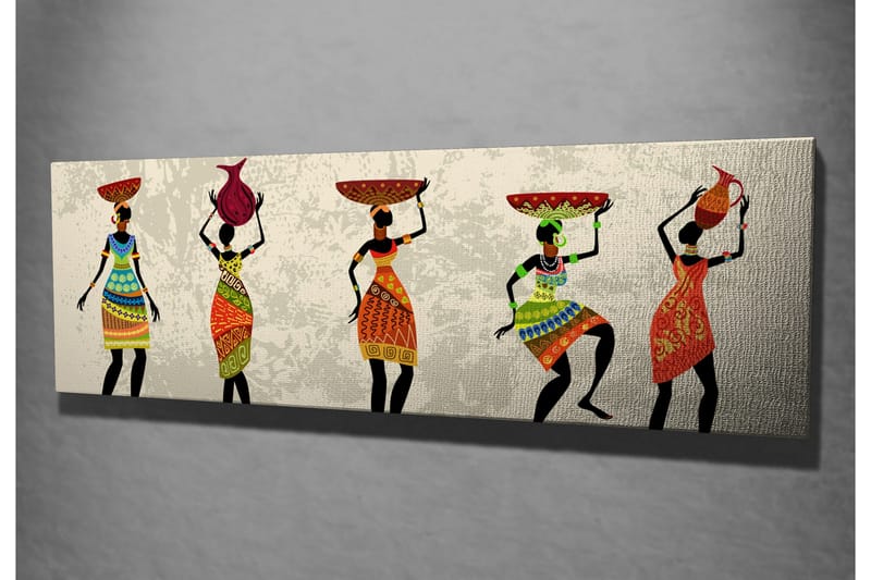 Canvastavla 80x30 cm - Fem kvinnor i färgglada klänningar som bär olika föremål på huvudet - Röd / Grön / Orange - Inredning & dekor - Tavlor & konst - Canvastavla