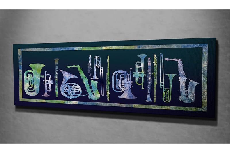 Canvastavla 80x30 cm - Komposition av olika blåsinstrument i abstrakt stil - Mörkblå / Ljusgrön / Vit - Inredning & dekor - Tavlor & konst - Canvastavla