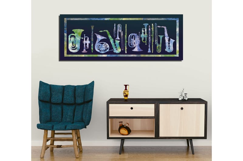 Canvastavla 80x30 cm - Komposition av olika blåsinstrument i abstrakt stil - Mörkblå / Ljusgrön / Vit - Inredning & dekor - Tavlor & konst - Canvastavla