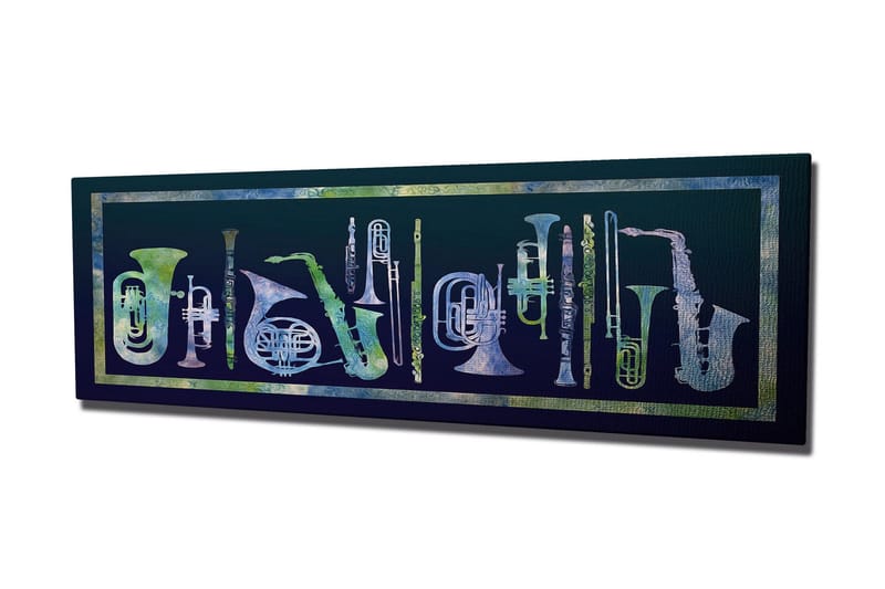Canvastavla 80x30 cm - Komposition av olika blåsinstrument i abstrakt stil - Mörkblå / Ljusgrön / Vit - Inredning & dekor - Tavlor & konst - Canvastavla