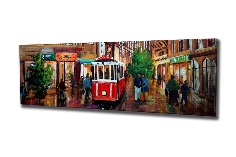 Canvastavla 80x30 cm - Röd spårvagn på en livlig gata med människor och butiker - Röd / Grön / Brun - Inredning & dekor - Tavlor & konst - Canvastavla