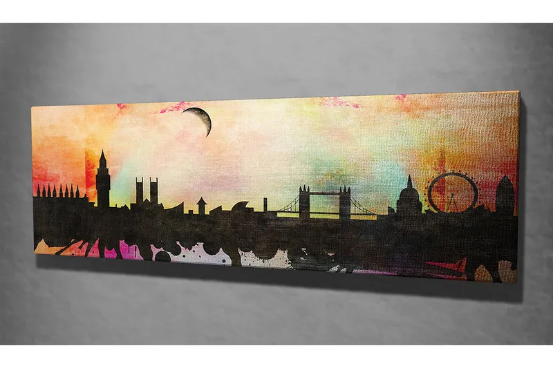 Canvastavla 80x30 cm - Silhuett av en stad med ikoniska byggnader mot en färgglad himmel - Svart / Rosa / Blå - Inredning & dekor - Tavlor & konst - Canvastavla