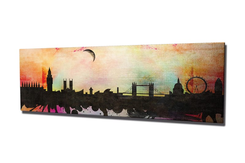 Canvastavla 80x30 cm - Silhuett av en stad med ikoniska byggnader mot en färgglad himmel - Svart / Rosa / Blå - Inredning & dekor - Tavlor & konst - Canvastavla