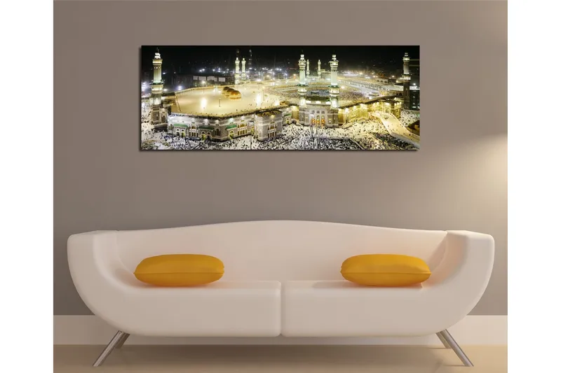 Canvastavla 80x30 cm - Storslagen vy över den heliga platsen i Mecka vid nattens ljus - Guld / Grön / Svart - Inredning & dekor - Tavlor & konst - Canvastavla