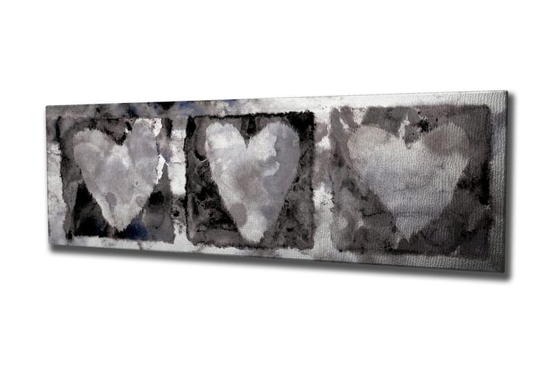 Canvastavla 80x30 cm - Tre hjärtan i mjuka gråtoner, Grå / Vit / Svart