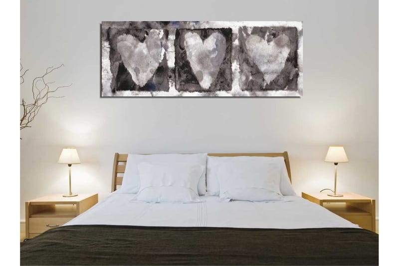 Canvastavla 80x30 cm - Tre hjärtan i mjuka gråtoner - Grå / Vit / Svart - Inredning & dekor - Tavlor & konst - Canvastavla