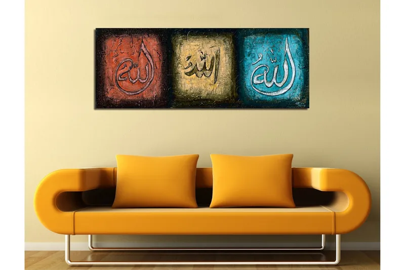 Canvastavla 80x30 cm - Tre paneler med kalligrafiska inskriptioner i olika färger - Röd / Guld / Turkos - Inredning & dekor - Tavlor & konst - Canvastavla