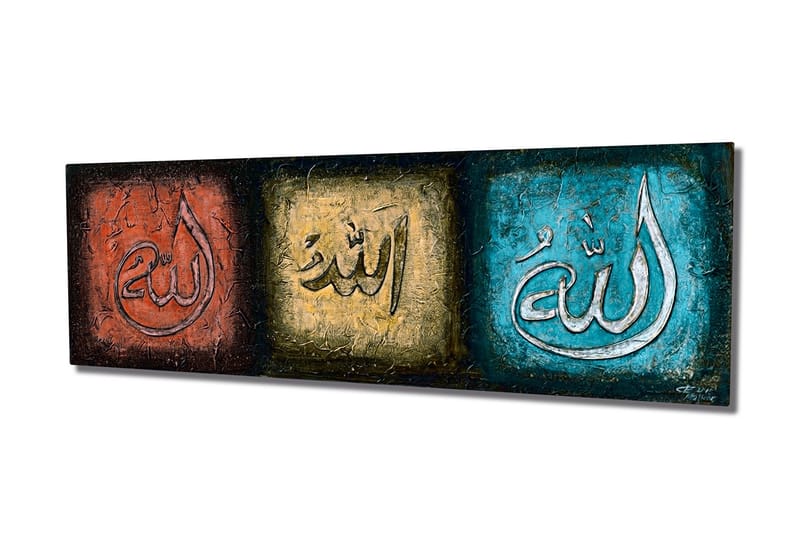 Canvastavla 80x30 cm - Tre paneler med kalligrafiska inskriptioner i olika färger, Röd / Guld / Turkos