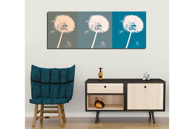 Canvastavla 80x30 cm - Tredelad bild av en maskros med olika färgtoner - Ljusrosa / Grönblå / Mörkblå - Inredning & dekor - Tavlor & konst - Canvastavla