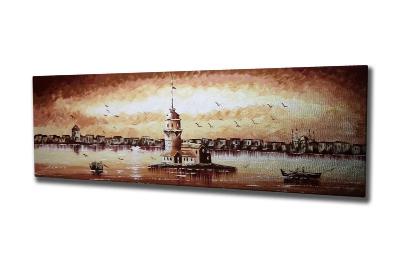 Canvastavla 80x30 cm - Vacker fyr på en ö med en solnedgång i bakgrunden - Beige / Brunt / Vitt - Inredning & dekor - Tavlor & konst - Canvastavla