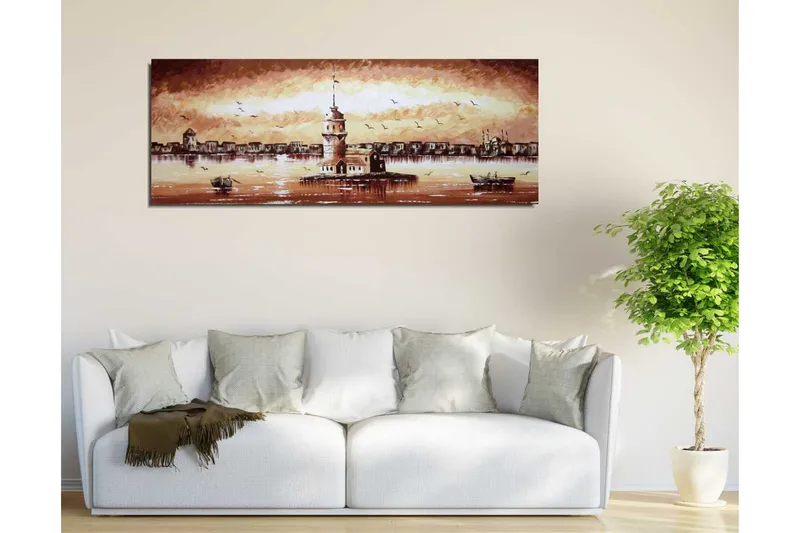 Canvastavla 80x30 cm - Vacker fyr på en ö med en solnedgång i bakgrunden - Beige / Brunt / Vitt - Inredning & dekor - Tavlor & konst - Canvastavla