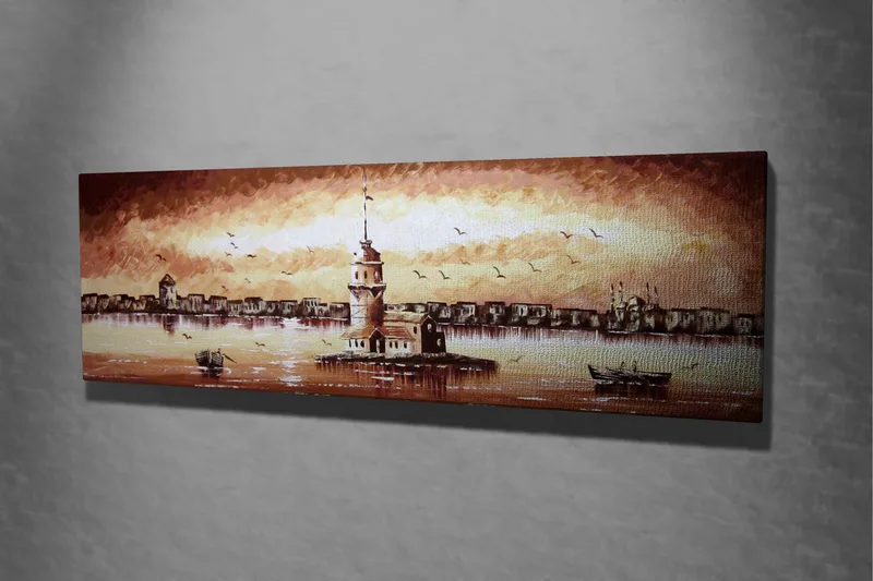 Canvastavla 80x30 cm - Vacker fyr på en ö med en solnedgång i bakgrunden - Beige / Brunt / Vitt - Inredning & dekor - Tavlor & konst - Canvastavla