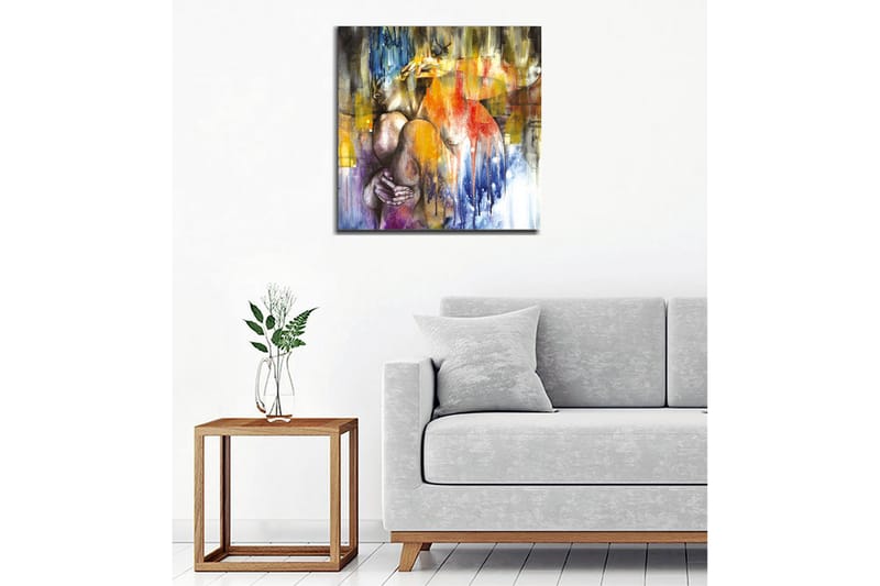 Canvastavla - Abstrakt komposition med en kvinna som omfamnar sig själv - Blå / Orange / Lila - Inredning & dekor - Tavlor & konst - Canvastavla