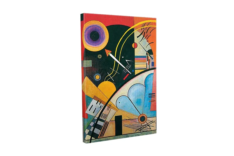 Canvastavla - Abstrakt komposition med geometriska former och färgglada cirklar, Mörkgrön / Orange / Gul