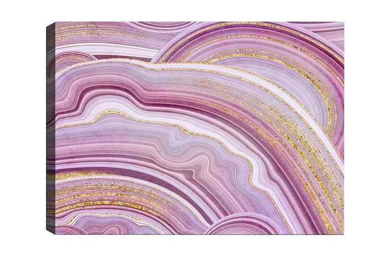 Canvastavla - Abstrakt komposition med mjuka, vågiga linjer i lila toner, Lila / Vit / Guld
