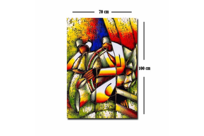 Canvastavla - Abstrakt komposition med två figurer som håller i en cirkel - Grön / Röd / Gul - Inredning & dekor - Tavlor & konst - Canvastavla