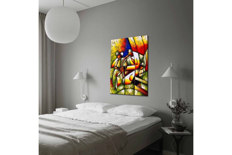 Canvastavla - Abstrakt komposition med två figurer som håller i en cirkel - Grön / Röd / Gul - Inredning & dekor - Tavlor & konst - Canvastavla