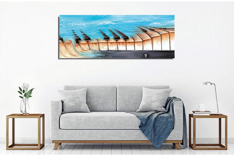 Canvastavla - Abstrakt landskap med en sjö och geometriska former - Blå / Beige / Svart - Inredning & dekor - Tavlor & konst - Canvastavla