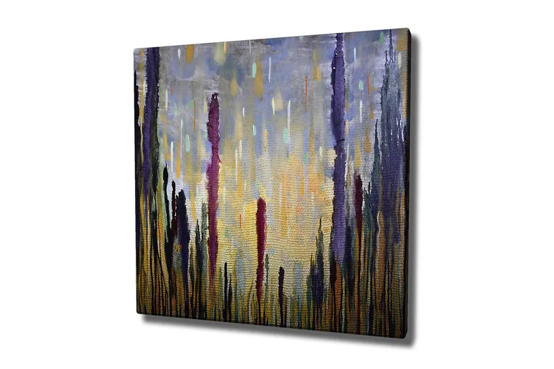 Canvastavla - Abstrakt landskap med vertikala former, Lila / Guld / Grön