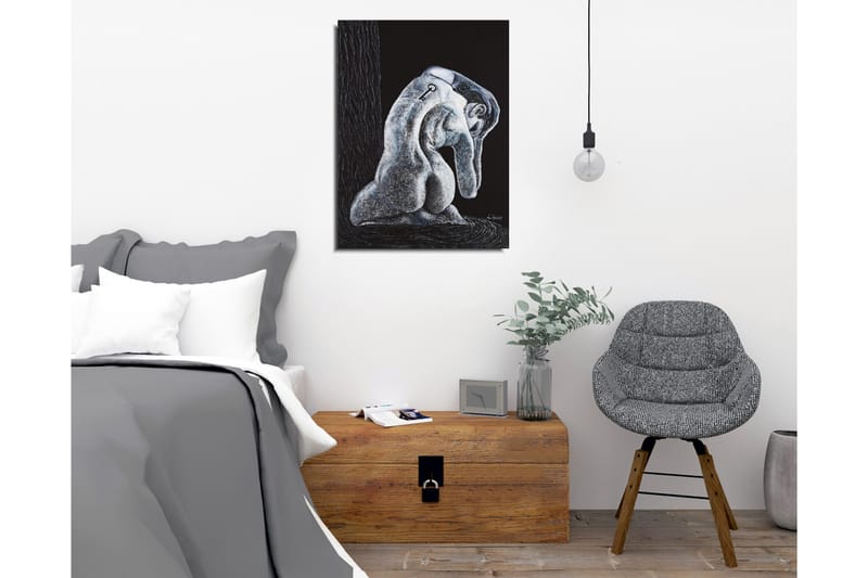 Canvastavla - Abstrakt skulptur av en sittande figur med en nyckel på ryggen - Svart / Grå / Vit - Inredning & dekor - Tavlor & konst - Canvastavla