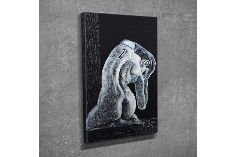 Canvastavla - Abstrakt skulptur av en sittande figur med en nyckel på ryggen - Svart / Grå / Vit - Inredning & dekor - Tavlor & konst - Canvastavla