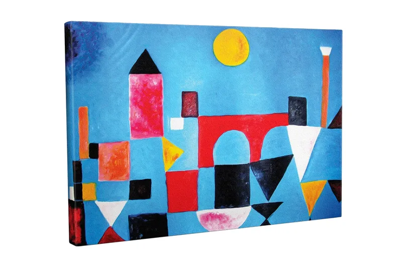 Canvastavla - Abstrakt stadslandskap med geometriska former och färgglada byggnader, Blå / Röd / Svart